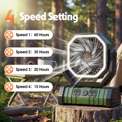 Camping Fan with LED Light, 20000mAh Battery Operated Rechargeable Camping Misting Fan with Hanging Hook, Outdoor Tent Cooling M