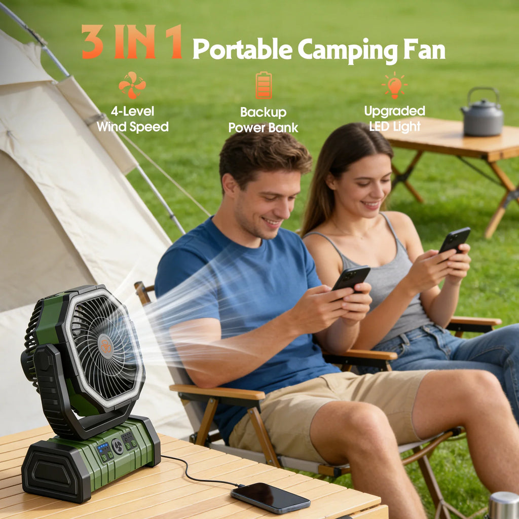 Camping Fan with LED Light, 20000mAh Battery Operated Rechargeable Camping Misting Fan with Hanging Hook, Outdoor Tent Cooling M