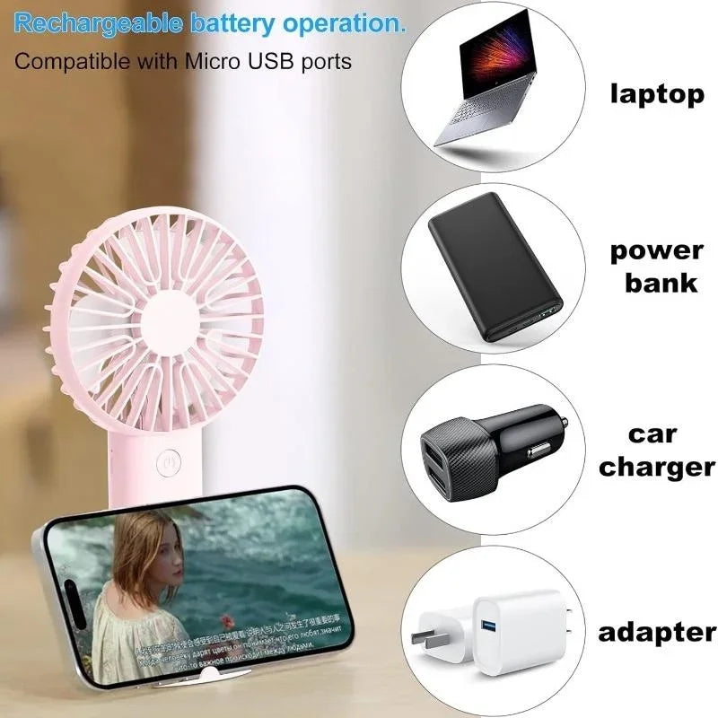 Portable Rechargeable Handheld Fan, Mini USB Fan 3 Speed, Small Fan with Phone Holder for Desk Travel
